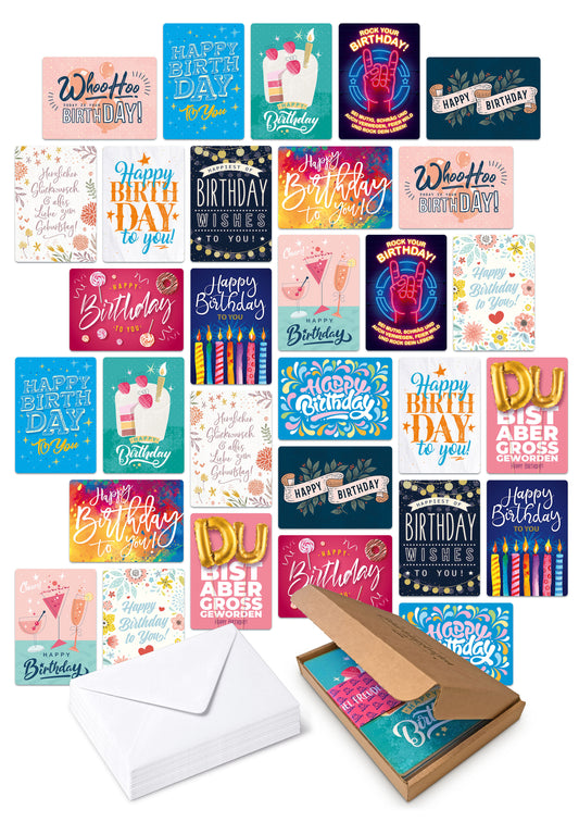 30 Geburtstagskarten im Set mit Umschlägen